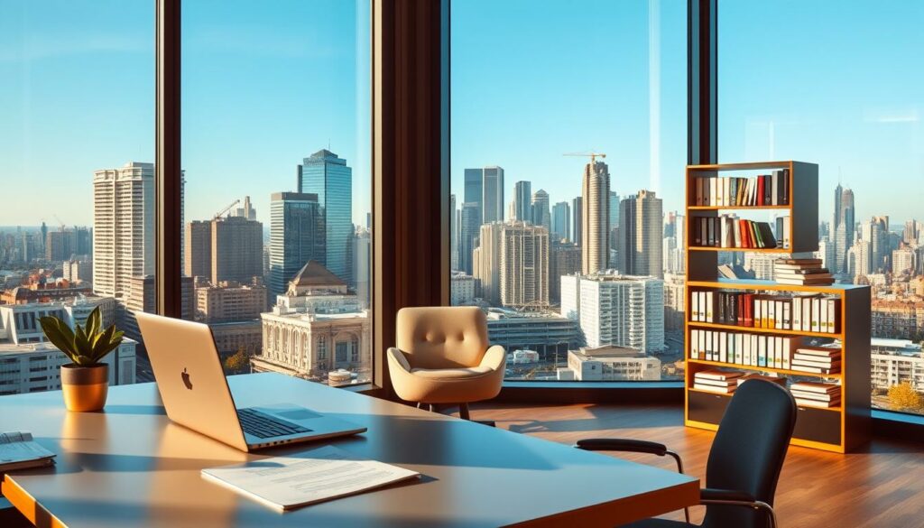 A-modern-office-interior-with-a-large-window-overlooking-a-bustling-cityscape.-In-the-1024x585 6 conseils pour négocier une Assurance Dommages Ouvrage 2025 au meilleur prix !
