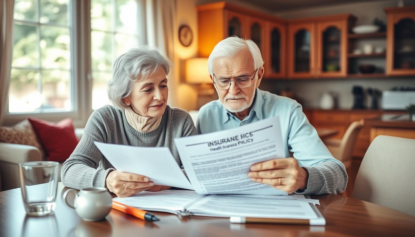 A vibrant, well-lit scene depicting a senior couple carefully reviewing insurance documents, with a focus on a senior health insurance policy prominently displayed. The couple is seated at a cozy kitchen table, surrounded by a warm, inviting atmosphere. Soft natural lighting filters through a nearby window, casting a gentle glow on the scene. The expressions on their faces convey a sense of thoughtfulness and consideration as they navigate the selection of the right senior health insurance plan. The background showcases a tastefully decorated living room, hinting at the comfortable and secure environment of a retiree's home. The overall composition emphasizes the importance of making an informed decision when choosing a senior health insurance plan.