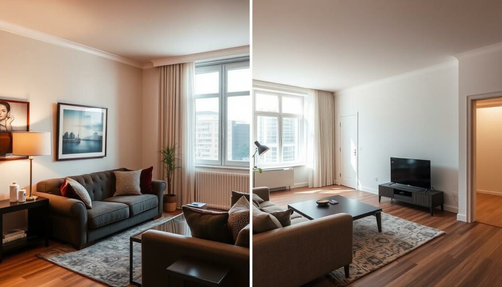 Comparaison-location-meublee-et-vide-Two-distinct-home-interiors-side-by-side-illuminated-by-1024x585 Location meublée vs vide : quel choix pour payer moins d’impôts ?