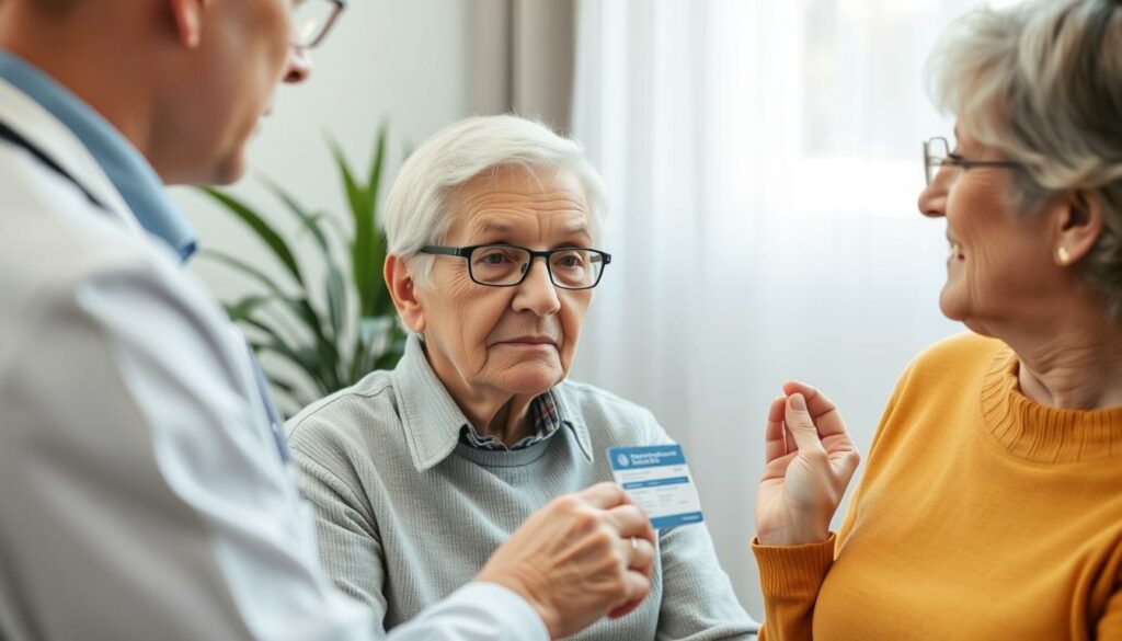 Image-dune-personne-agee-consultant-un-professionnel-de-sante-avec-une-carte-de-mutuelle-1024x585 Mutuelle senior pour nouveau retraité : comment la choisir ? Quel prix ?
