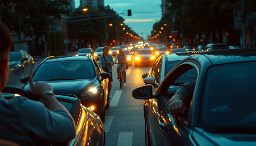 A-busy-urban-intersection-at-dusk-with-cars-and-pedestrians-navigating-the-scene.-In-the-1024x585 Les femmes payent moins cher leur assurance auto : vrai ou faux ?