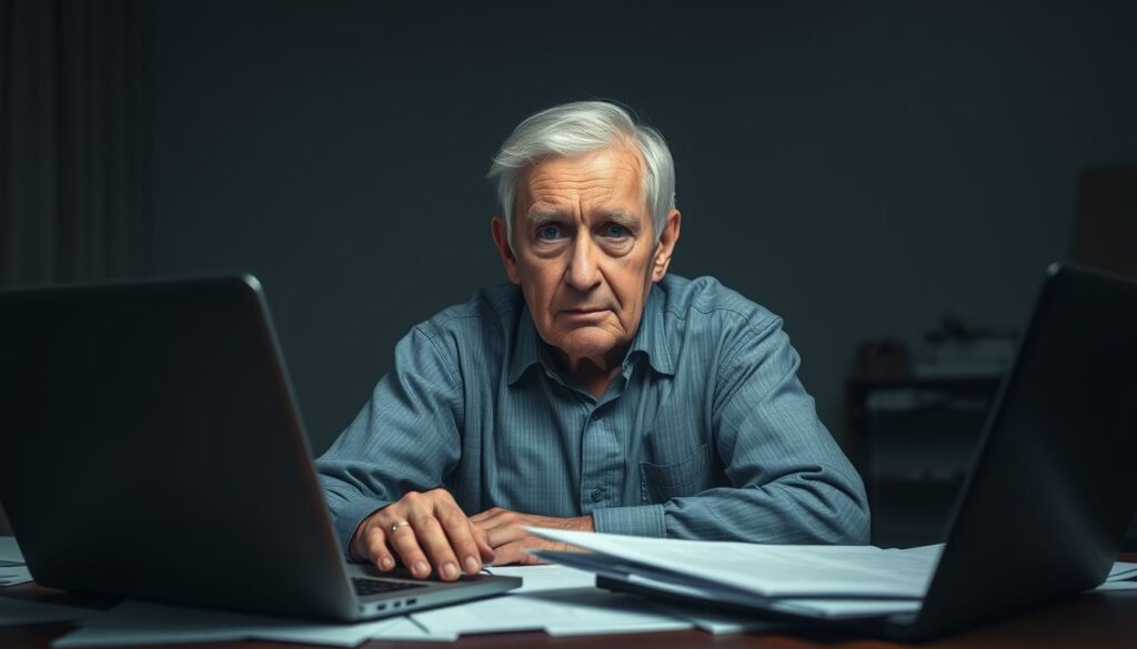 A-senior-citizen-sitting-in-a-dimly-lit-room-appearing-concerned-and-overwhelmed-while-1024x585 Courtier en Mutuelle Senior : avantages, inconvénients, coût !