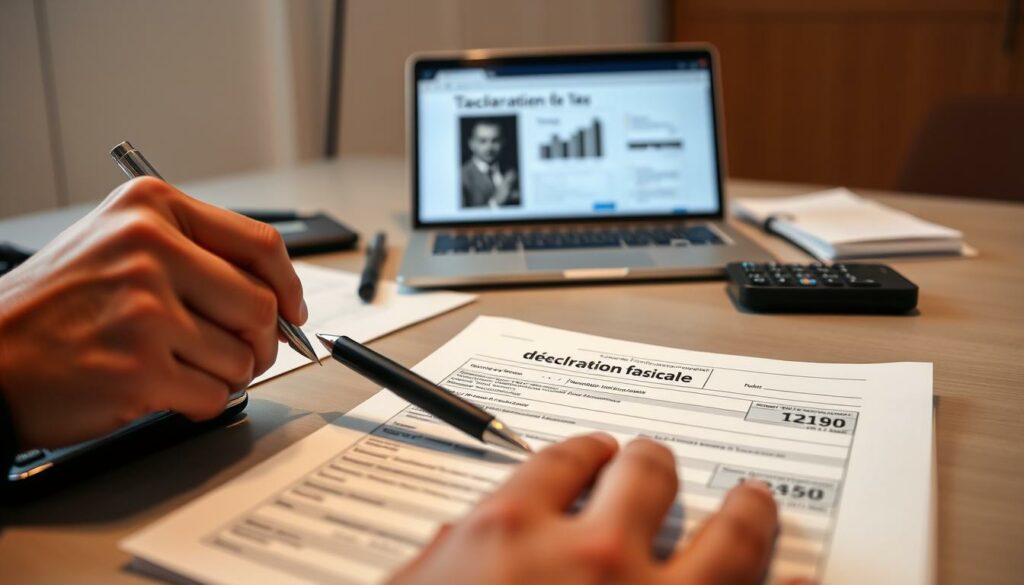A-well-lit-desk-with-a-stack-of-tax-forms-a-pen-and-a-calculator.-In-the-foreground-a-hand-1024x585 Impôts 2025 : les nouveautés fiscales à connaître