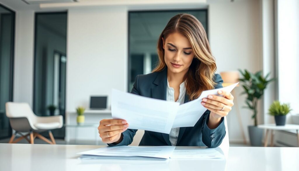 A-well-lit-modern-office-interior-with-a-professional-woman-seated-at-a-desk-contemplating-1024x585 Les femmes payent moins cher leur assurance auto : vrai ou faux ?